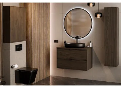 Image de Ensemble Complet Meuble Vasque 80 cm + Vasque + Miroir LED + Colonne + 2 meubles hauts - Caldera Foncé