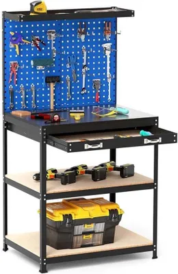 Obrázek produktu pro Pracovní stůl s perforovanou stěnou a zásuvkou - nosnost 225 kg - rozměry 81 x 41 cm - modrá barva
