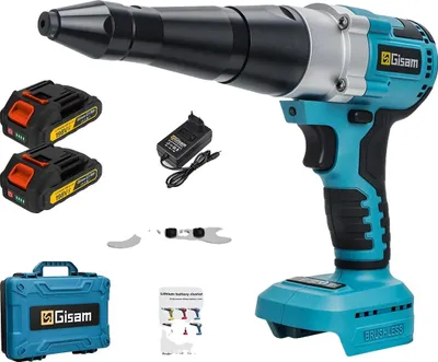 Image de Pistolet à riveter, sans fil, moteur sans balais, 2 batteries, coffret en plastique