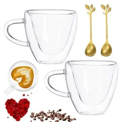Immagine prodotto di Bicchieri doppi isolati per Latte Macchiato, capacità 250 ml, in vetro borosilicato, confezione da 2 pezzi, con cucchiaino a forma di cuore