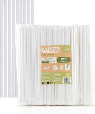 Produktbild von Trinkhalm in Weiß einzeln verpackt aus Papier, Ø 8 mm / 23 cm, 200 Stück in Folienbeutel
