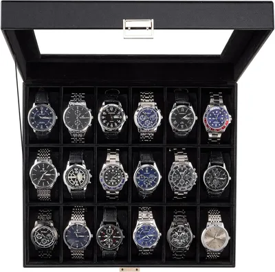 Immagine prodotto di Scatola per orologi con 18 scomparti e coperchio trasparente in vetro, colore nero
