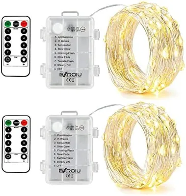 Produktbild von 2X LED Lichterkette Batterie 5 m 50 LEDs mit Fernbedienung, Timer | Warm weiß, 8 Lichtmodi, Micro LED Lichterkette Silbernedraht für Party, Garten,Weihnachten,Halloween,Hochzeit dekorativen