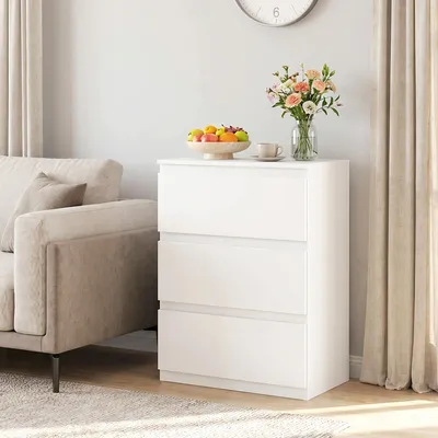 Produktbild von Kommode mit 3 Schubladen, grifflos modern, Sideboard Schlafzimmer, Weiß | 55 x 34 x 75 cm | Spanplatte Melamin | Anti-Kipp-Sicherung