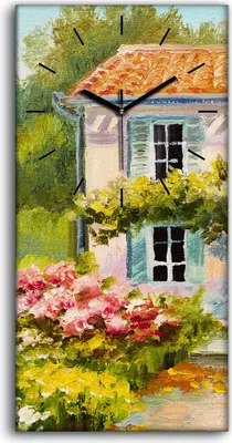 Produktbild von Küchenuhr Bürouhr Leinwand Uhr Geräuschlos 30x60 Blumen Baume Haus farbenfroh - schwarze Hände