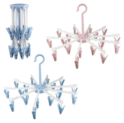 Produktbild von 2 Stück Sockenhalter, Faltbarer Wäscheständer mit 40 Clips, Anti-Rutsch Trockenkarussell für Socken und Unterwäsche (Rosa & Blau)