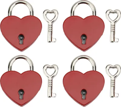 Produktbild von 4 Set Herz Vorhängeschloss Zinklegierung 38x30mm Liebesschloss mit Schlüssel für Schmuckschachteln Brieftaschen Handtaschen rot