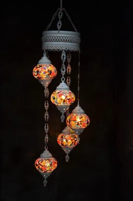 Obrázek produktu pro Závěsná lampa s 5 barevnými mozaikovými skleněnými koulemi v růžové barvě, orientální marocké stropní svítidlo, délka 120 cm