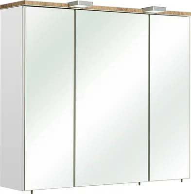 Produktbild von Badezimmer Spiegelschrank DOVER-66 in Weiß Glanz mit 3D Kante in Riviera Eiche Nb., B/H/T: ca. 80/70/20 cm