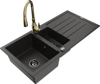 Produktbild von Mexen Andres 1,5-Becken-Granitspüle mit Abtropffläche und Mischbatterie Savita, Schwarz/Gold - 6515-75-672601-50-B