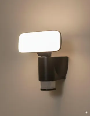 A black LED outdoor wall light with a motion sensor is mounted on a light-colored wall.