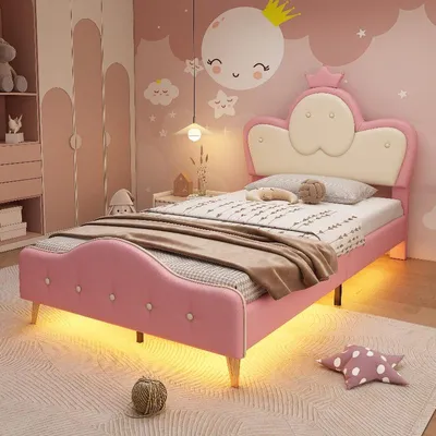 Obrázok produktu pre Postel s čalúneným čelom, rozmery 90x200 cm, farba ružová/biela, materiál: umelá koža (PU), s LED osvetlením. Detská postel s rozmermi 90x200 cm, vhodná do spálne
