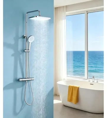Immagine prodotto di Sistema doccia con termostato, soffione a pioggia 33x21 cm, doccetta manuale con 3 getti, regolabile in altezza, cromato