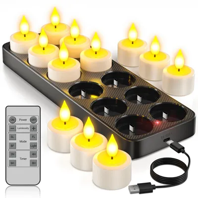 Produktbild von Yme 12er LED Teelichter Wiederaufladbar mit Ladestation und Fernbedienung