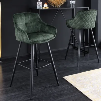 Produktbild von riess-ambiente Design Barhocker EUPHORIA dunkelgrün Samt schwarze Metallbeine Barstuhl mit Lehne Tresenstuhl Tresenhocker