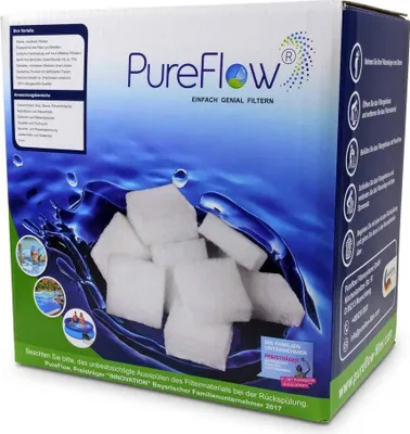 A box of PureFlow pool filters with a water splash graphic.