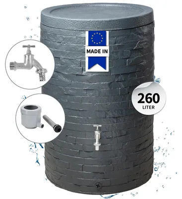 Productafbeelding van GARANTIA MURO regenwatertank compleet set 260 L graphite grey incl. chroom aftapkraan en regenpijpaansluiting