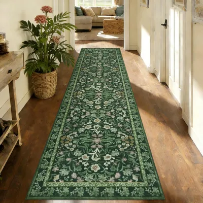 Produktbild von Laufteppiche mit Blumenmuster – Grün – 80 x 300 cm – Waschbare, lange Teppichläufer für die Küche – Boho-Stil – Rutschfest – Teppichläufer für die Küche