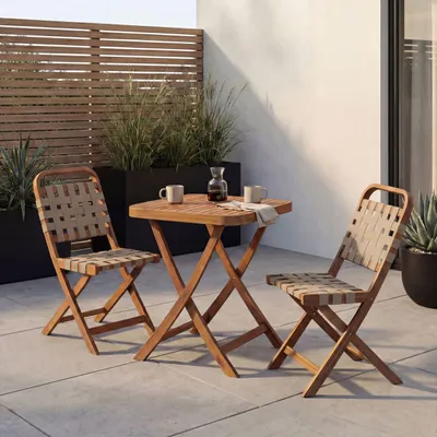 Produktbild von Garten-Set HWC-P70, Sitzgruppe Balkon-Set Garnitur 2x Stuhl Tisch, Seilgeflecht Akazie Holz klappbar  natur, creme