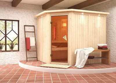 Produktbild von Karibu Sauna Innensauna Malin Eckeinstieg ohne Zubehör 245x210x202 cm mit Dachkranz mit Bronzierte Tür