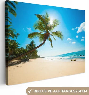 Produktbild von MuchoWow® - Leinwandbilder - Strand - Meer - Sonne - Palme, Wandbild, Wanddeko Bilder Wohnzimmer, 80x60 cm