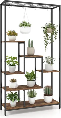 Image de Support pour plantes / étagère à fleurs - 6 niveaux - hauteur 180 cm - métal - avec 10 crochets en S - étagères grillagées - marron