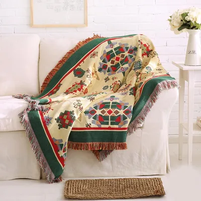Immagine prodotto di Omgoods - Coperta in cotone con frange, a doppio lato, con motivo geometrico, ideale per letto e divano