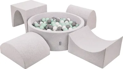 Produktbild von KiddyMoon spielplatz aus schaumstoff mit rund bällebad (300 bälle) ballgruben für babys spielbad hindernisläufen, hergestellt in der eu, hellgrau:weiß/grau/minze