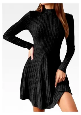 Produktbild von Herbstkleid Damen Leichtes Strickkleid mit Halber Rollkragen A-Linie Langarm Rippstrick Winterkleid