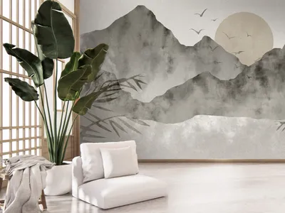 Produktbild von Vlies Fototapete Landschaft 400x280 cm Tapeten Wandtapete XXL Sonnenuntergang Berge Vögel wie gemalt c-A-10077-a-b