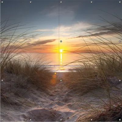 Produktbild von Wallario Outdoor-Poster für Garten oder Balkon, Motiv Sonnenuntergang am Strand, in ca. 180 x 180 cm