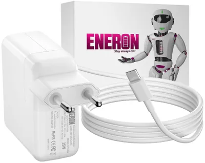 A white USB-C charger and cable are displayed next to a box with a robot mascot and brand logo.