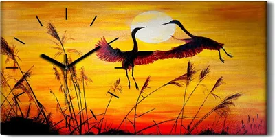 Produktbild von Wanduhr Uhr Wandbild Leinwand 60x30 Malerei Tier Vögel Sonne Sonnenuntergang - schwarze Hände