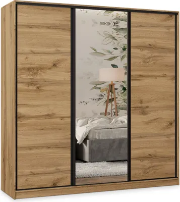 Produktbild von Masseno Schiebetürenschrank TARI 200/205/58 cm Kleiderschrank mit 4 Schubladen Schlafzimmer Schrank 3-türig mit Spiegel Eiche Wotan