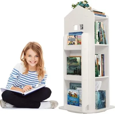 Produktbild von 3-stöckiges drehbares Bücherregal, Kinderbücherregal, 360 Grad drehbar, Bücherregal, Organizer für Kinder, Display-stehendes Bücherregal, Lagerregal, Regal für Zimmer, weiß (96 x 40 x 40 cm)