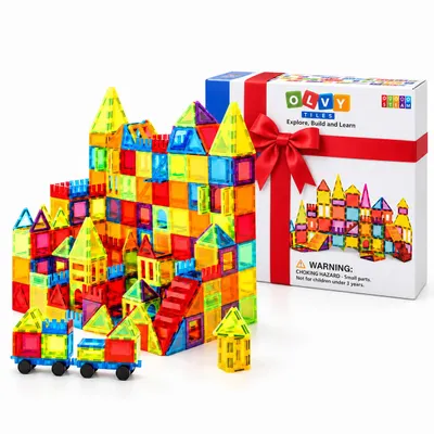 Produktbild von Olvy Magnetische Bausteine 74 Teile – Montessori Konstruktionsspielzeug ab 3 Jahren, Magnetfliesen für Kinder, kompatibel mit Magna Tiles & Connetix