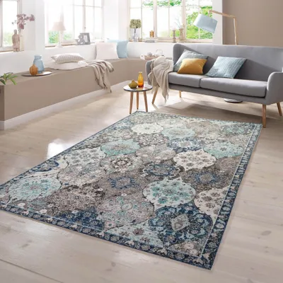 Image de Tapis d'Orient d'extérieur à motifs, gris-bleu, dimensions : 60 x 110 cm
