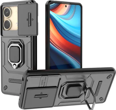 Immagine prodotto di Custodia per Xiaomi Redmi Note 13R Pro 5G a doppio strato con protezione scorrevole della fotocamera e supporto ad anello, supporto nero