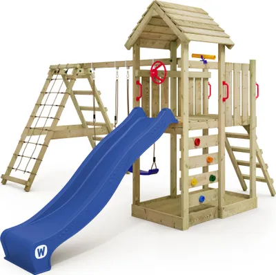 Image de WICKEY Tour de jeux RocketFlyer avec balançoire & toboggan, tour d'escalade avec bac à sable, annexe d'escalade & accessoires de jeu - bleu