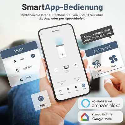 Imagen del producto de Deshumidificador silencioso con conexión Wi-Fi y depósito de 2 litros, ideal para dormitorios