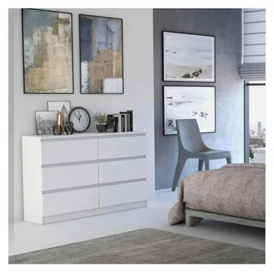 Produktbild von Kommode in Weiß mit 6 Schubladen, 30 cm tief, für Wohnzimmer und Schlafzimmer, Schubladenschrank mit viel Stauraum, 120 cm breit, modernes Design