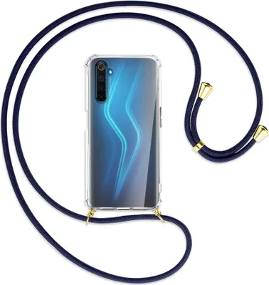 Produktbild von Handykette Backcover-Schutzhülle mit Band (Metall goldfarben) für Realme 6 Pro - dunkelblau