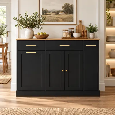 Immagine prodotto di Isola da cucina okwish con piano di lavoro pieghevole, 3 cassetti, vano per il cestino della spazzatura e ripiano laterale estraibile, mobile da cucina nero