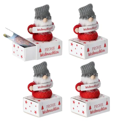 Four Christmas gnomes sitting on boxes, with one box open and money inside.