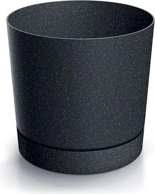A dark gray speckled plant pot with a saucer.