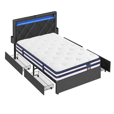 Produktbild von VASAGLE Polsterbett mit LED & 7-Zonen Taschenfederkernmatratze Set, 90x200 cm, 4 Schubladen, USB, H3, Bett Grau, Matratze Blau