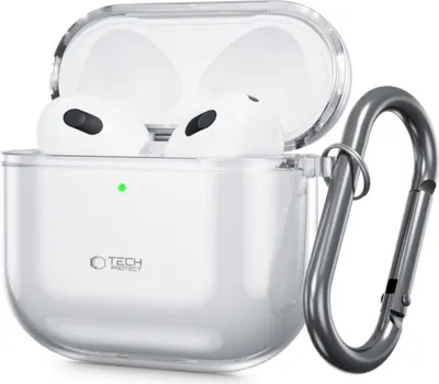 A clear protective case for Apple AirPods with a carabiner clip attached.