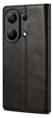 A black leather flip case for a smartphone, shown from the back with the camera module visible.