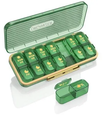 Immagine prodotto di Contenitore per compresse, 7 giorni, per l'assunzione al mattino, a mezzogiorno e alla sera, colore verde, 14 scomparti, privo di BPA