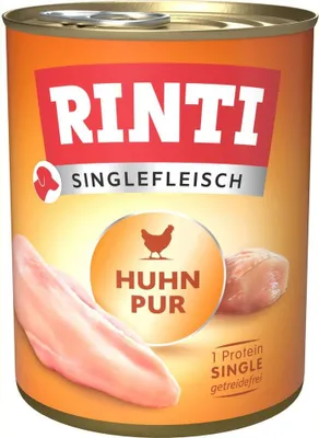 A can of Rinti Singlefleisch Huhn Pur dog food.